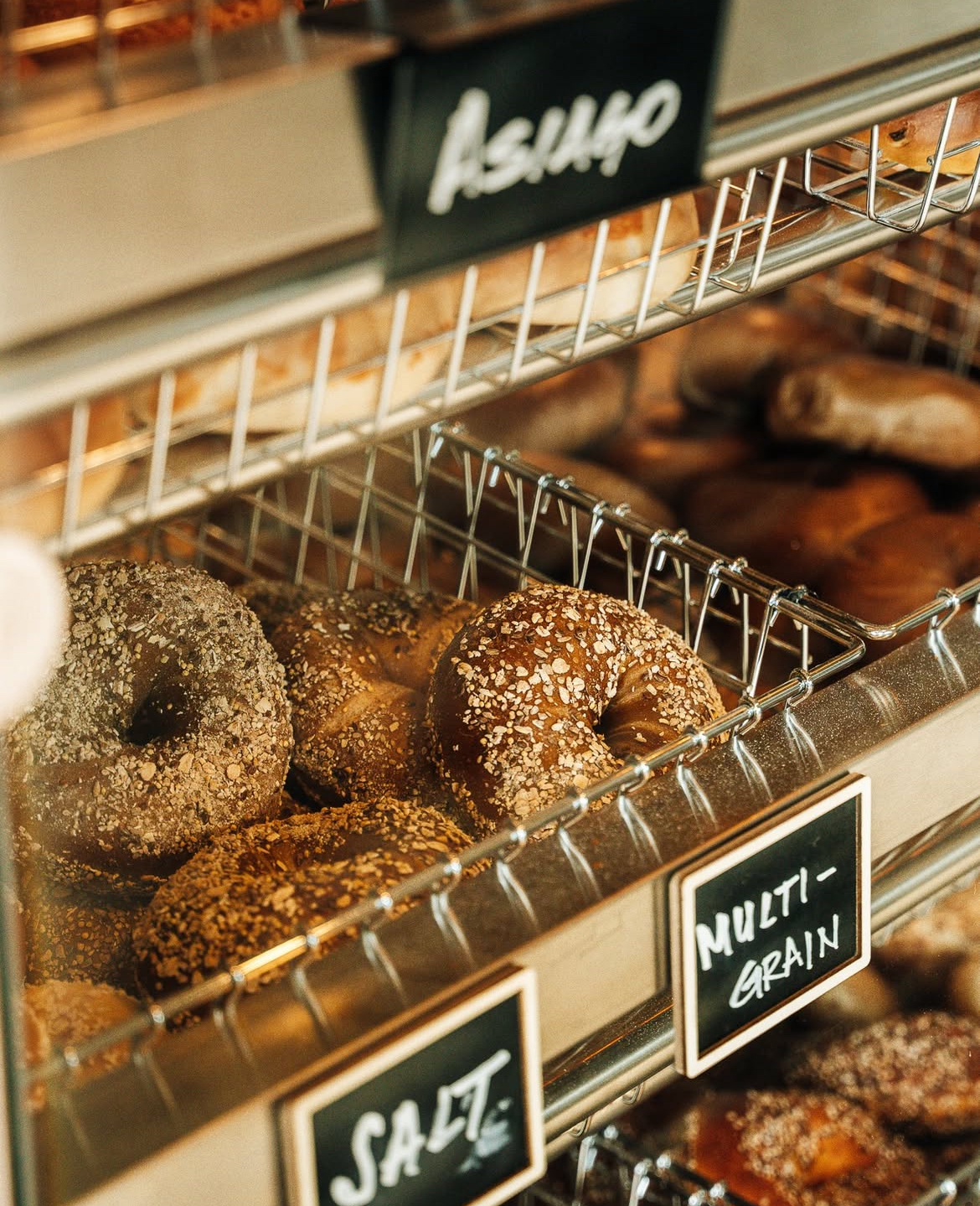 Bagel display counter with salt and multi-grain bagels