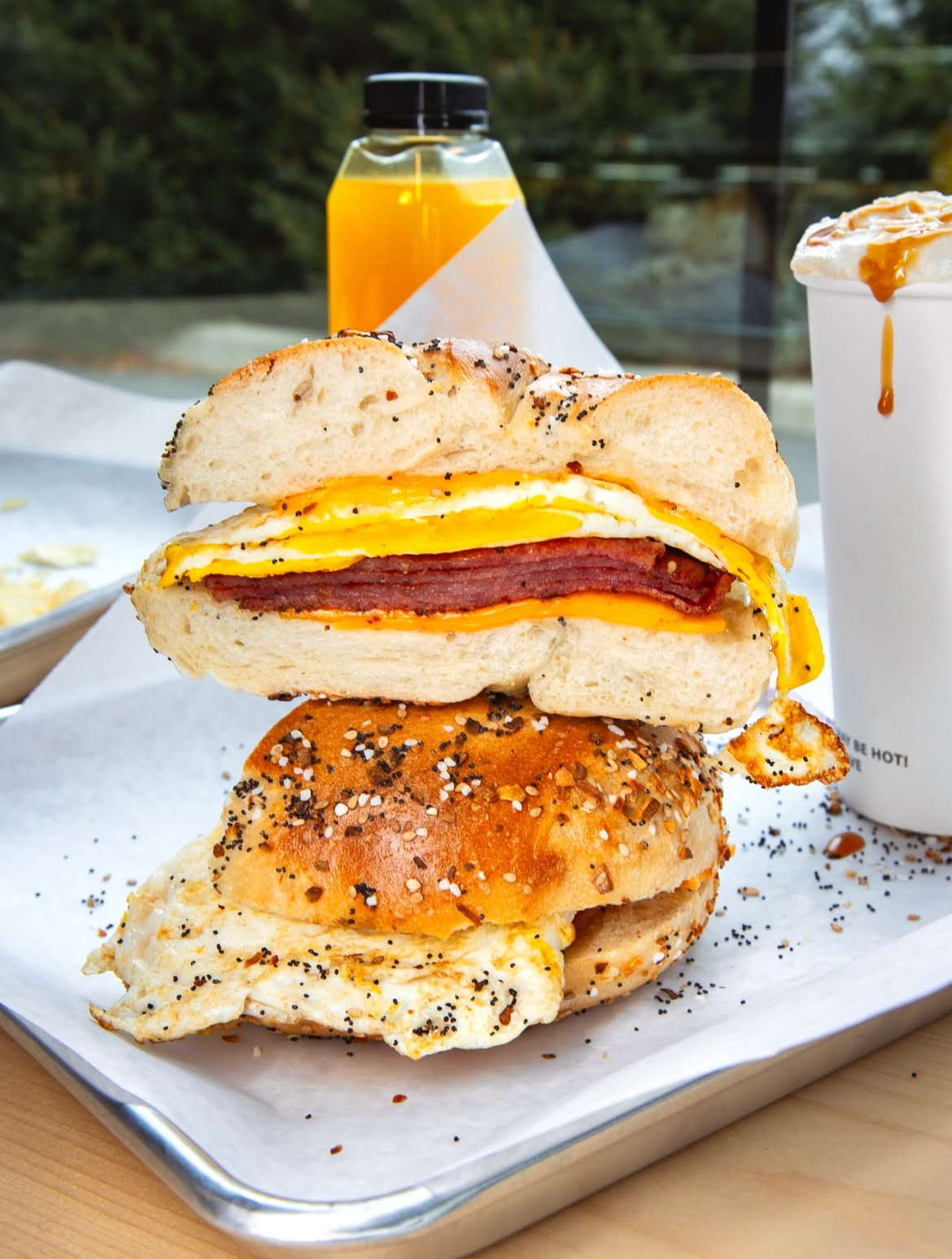 Everything bagel breakfast sandwich with egg and cheese
